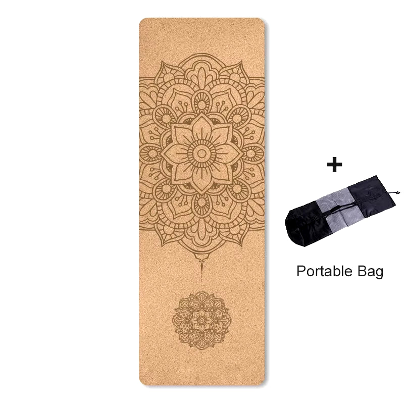 4mm Natural Cork TPE Printed Yoga Mat - Non-Slip, Sweat-Absorbing Home Fitness Pad for Gymnastics and Pilates, Includes Carry Bag