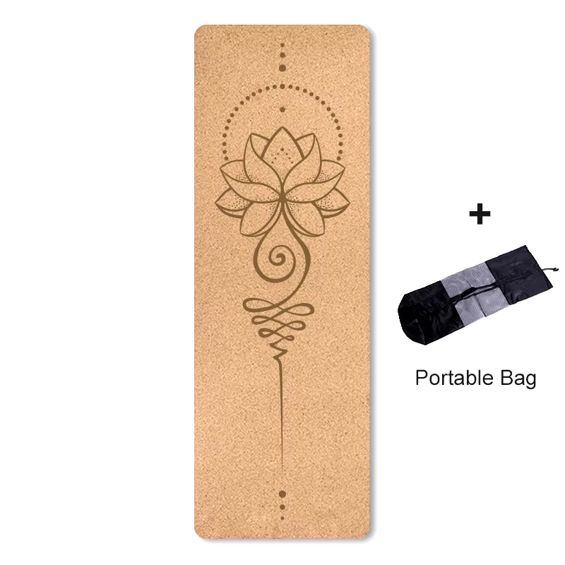 4mm Natural Cork TPE Printed Yoga Mat - Non-Slip, Sweat-Absorbing Home Fitness Pad for Gymnastics and Pilates, Includes Carry Bag