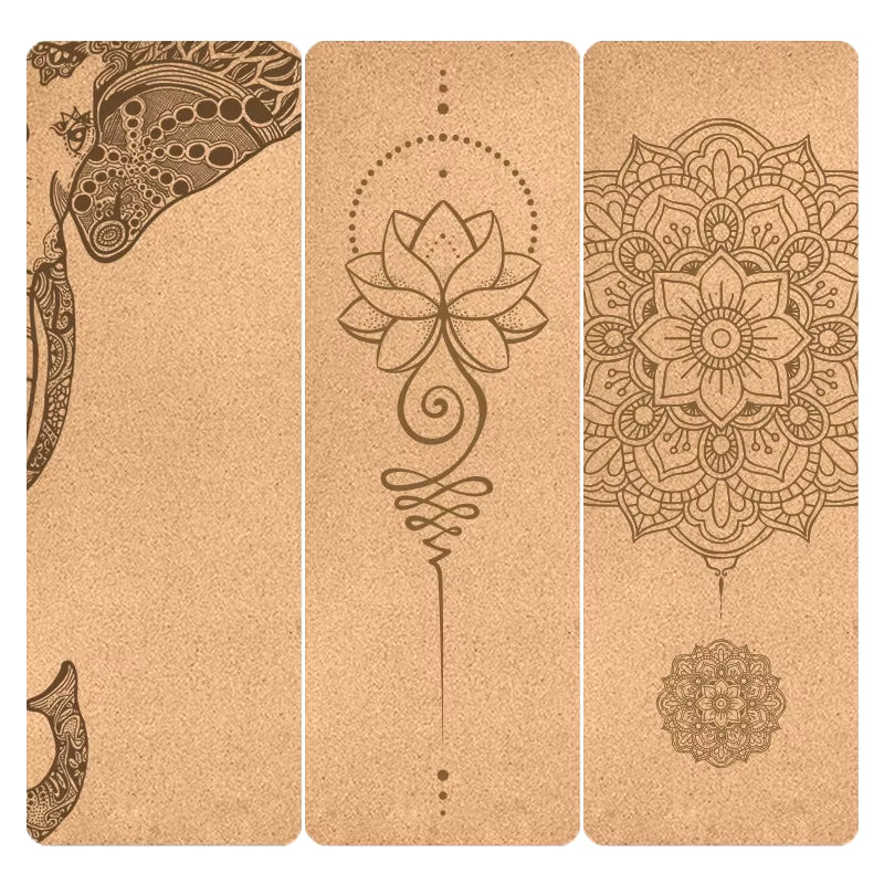 4mm Natural Cork TPE Printed Yoga Mat - Non-Slip, Sweat-Absorbing Home Fitness Pad for Gymnastics and Pilates, Includes Carry Bag
