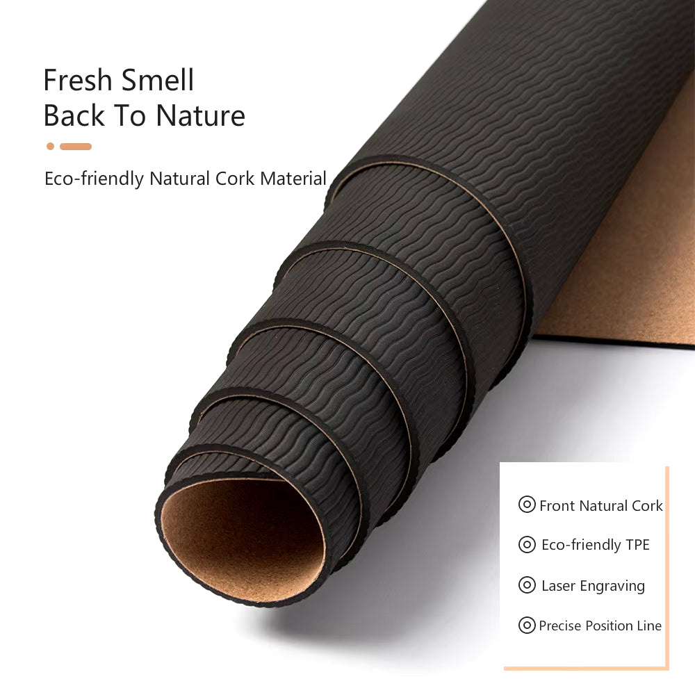 4mm Natural Cork TPE Printed Yoga Mat - Non-Slip, Sweat-Absorbing Home Fitness Pad for Gymnastics and Pilates, Includes Carry Bag