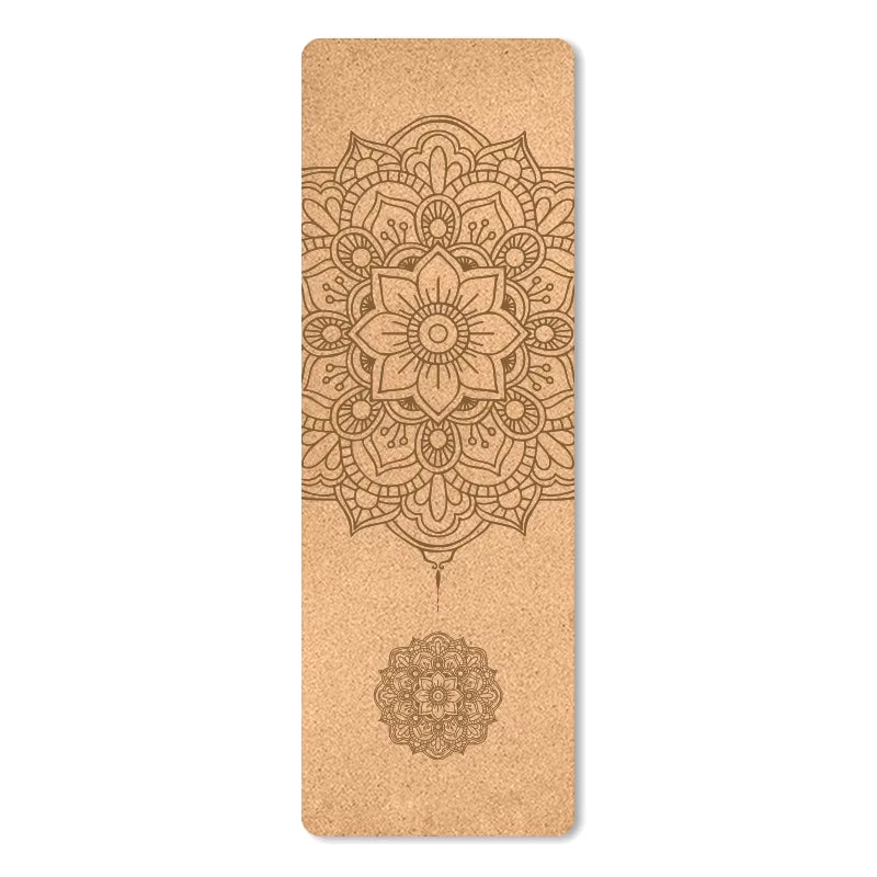 4mm Natural Cork TPE Printed Yoga Mat - Non-Slip, Sweat-Absorbing Home Fitness Pad for Gymnastics and Pilates, Includes Carry Bag