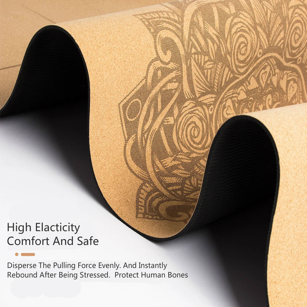 4mm Natural Cork TPE Printed Yoga Mat - Non-Slip, Sweat-Absorbing Home Fitness Pad for Gymnastics and Pilates, Includes Carry Bag