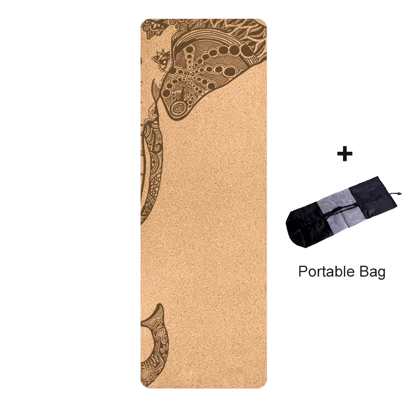 4mm Natural Cork TPE Printed Yoga Mat - Non-Slip, Sweat-Absorbing Home Fitness Pad for Gymnastics and Pilates, Includes Carry Bag