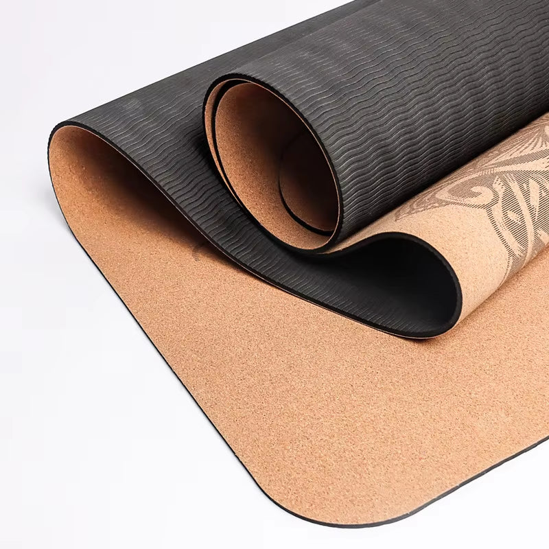 4mm Natural Cork TPE Printed Yoga Mat - Non-Slip, Sweat-Absorbing Home Fitness Pad for Gymnastics and Pilates, Includes Carry Bag